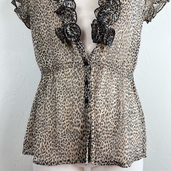 Y2k Sunny Leigh Leopard Print Sheer Ruffle Front Half Button Down V Neck Top - Picture 6 of 11